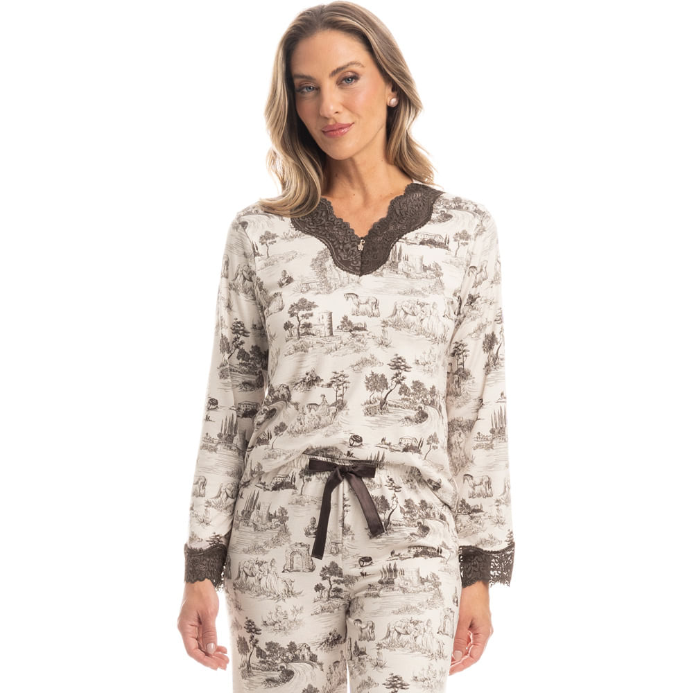 Pijama Feminino Wide Leg Com Renda Hipismo - Imagem 1