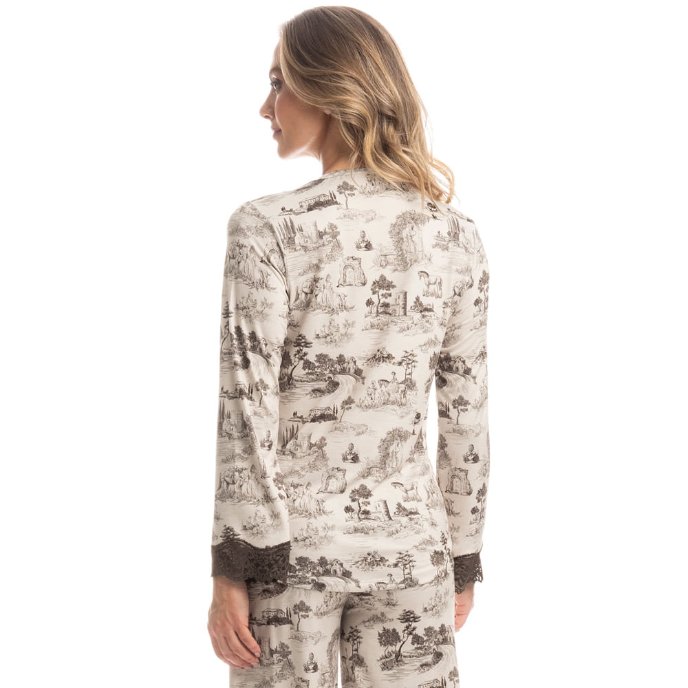 Pijama Feminino Wide Leg Com Renda Hipismo Bege - Imagem 2