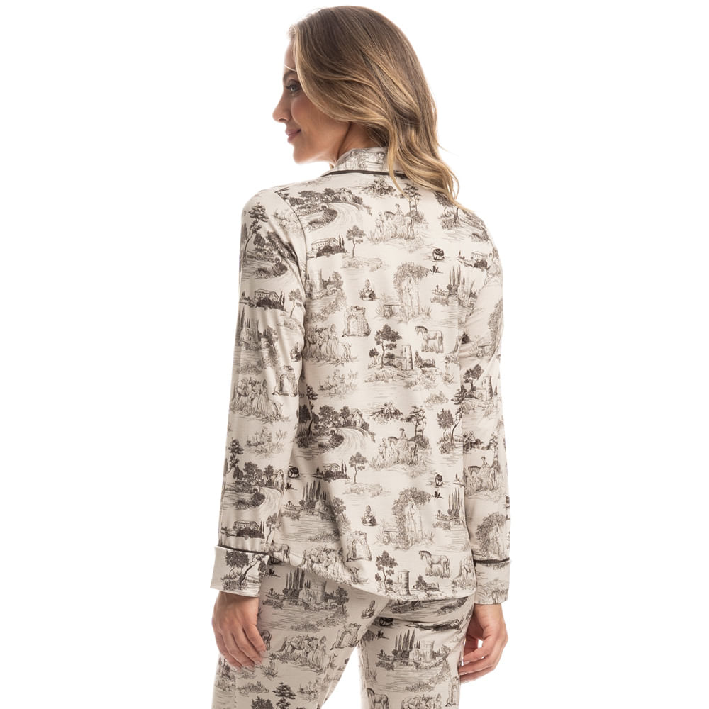 Pijama Feminino Longo Americano Hipismo Bege - Imagem 2