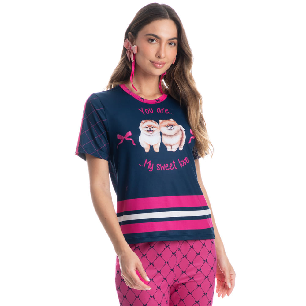 Pijama Feminino Longo Manga Curta Lyla Sweet Rosa-2 - Imagem 1