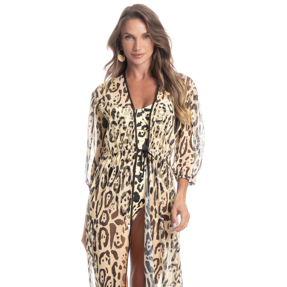 Kaftan De Tule Com Manga Onça - Imagem 1
