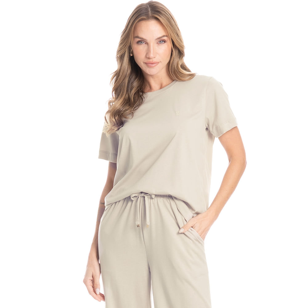 Pijama Longo Manga Curta Com Bolso Duda Nude - Imagem 1