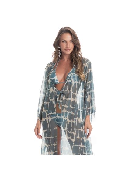 Kaftan De Tule Com Manga Salina Azul - Imagem 1