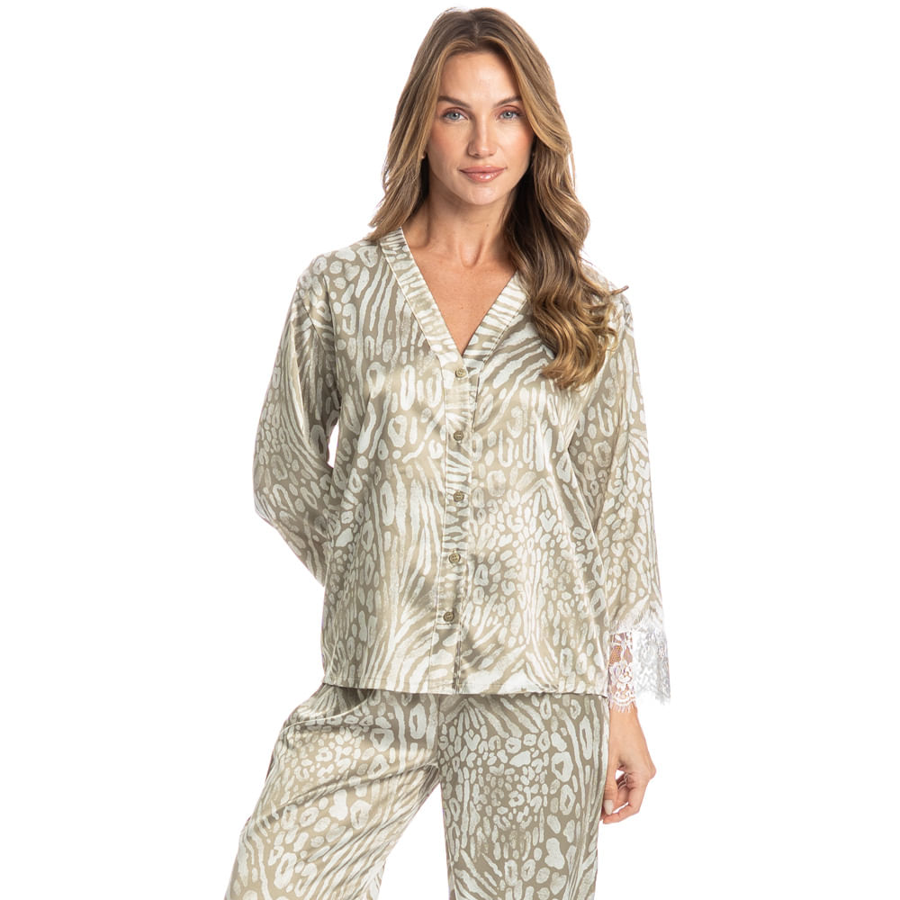 Pijama Feminino Longo Americano Com Renda Leona - Imagem 1 - Mobile