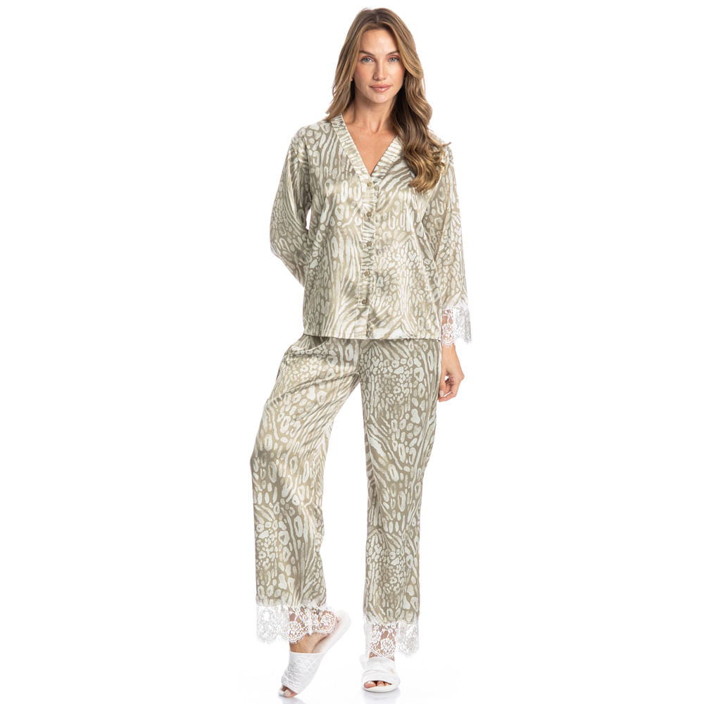 Pijama Feminino Longo Americano Com Renda Leona - Imagem 3 - Mobile