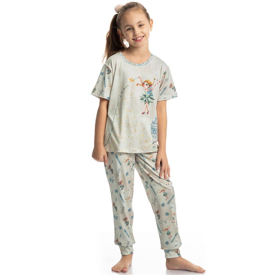 Pijama Longo Infantil Manga Curta Sininho - Imagem 3 - Mobile
