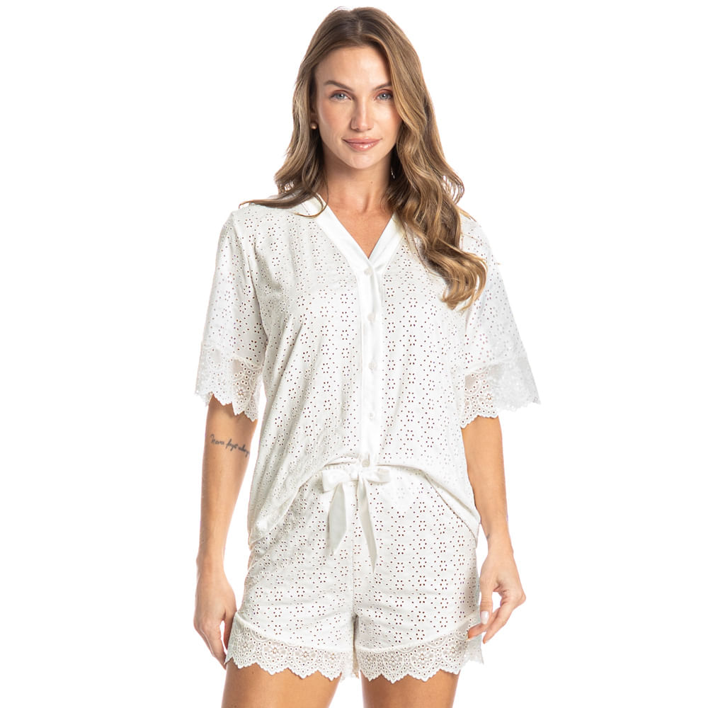 Pijama Feminino Curto Americano Lótus Branco - Imagem 1