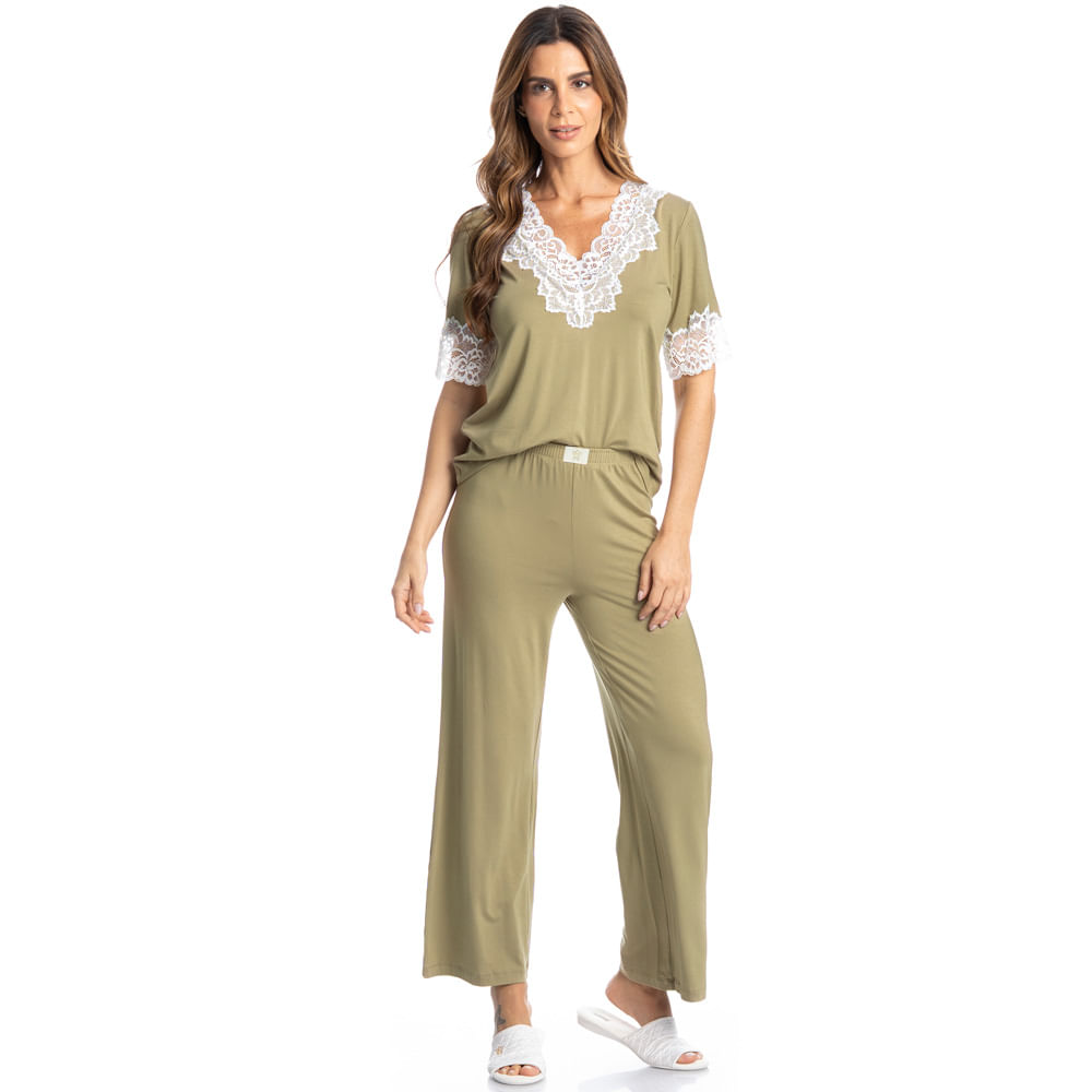 Pijama Feminino Capri Com Renda Aurora - Imagem 3 - Mobile