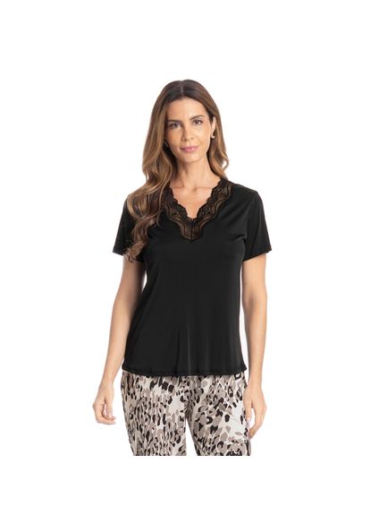 Pijama Feminino Longo Manga Curta Betina Preto - Imagem 1