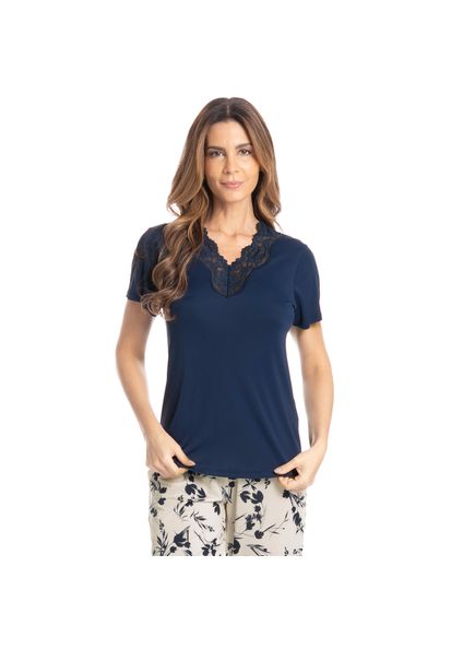 Pijama Feminino Pescador Com Renda Joana Azul-marinho - Imagem 1