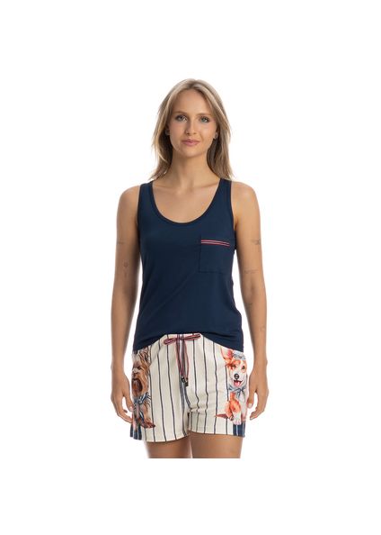 Pijama Feminino Curto Regata Com Bolso Sailor Dogs Azul-marinho - Imagem 1