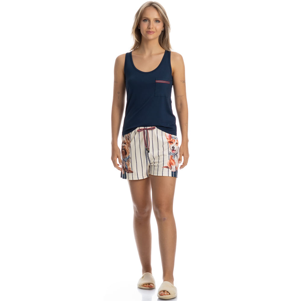 Pijama Feminino Curto Regata Com Bolso Sailor Dogs - Imagem 3 - Mobile