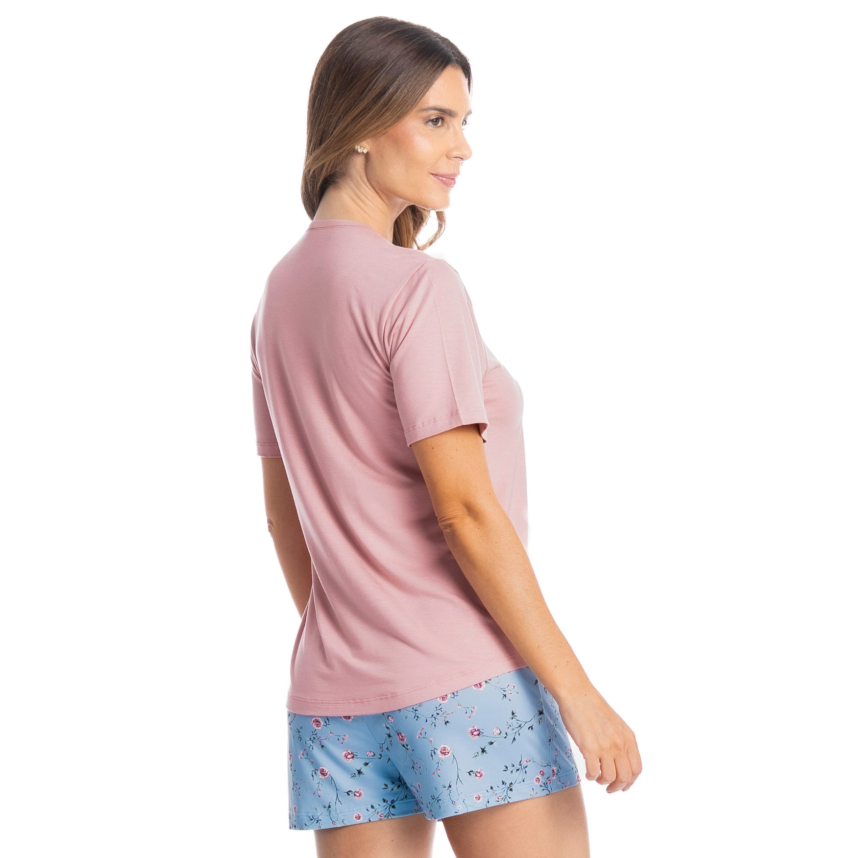 Pijama Feminino Curto Com Bolso Rosa Azul - Imagem 2