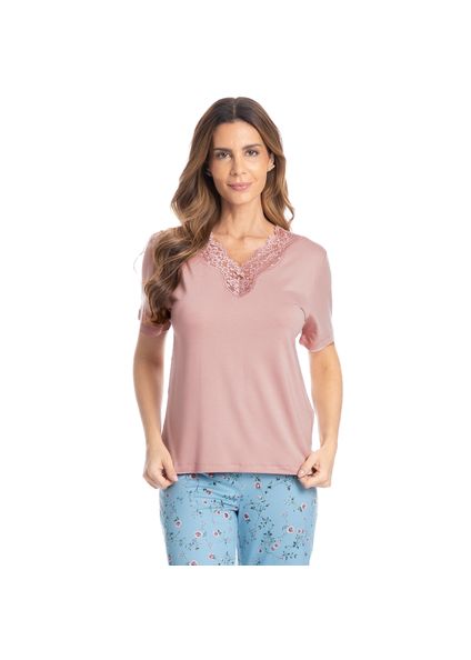 Pijama Feminino Pescador Com Renda Rosa Azul - Imagem 1
