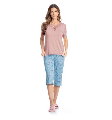 Pijama Feminino Pescador Com Renda Rosa - Imagem 3 - Mobile