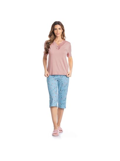 Pijama Feminino Pescador Com Renda Rosa - Imagem 3 - Desktop