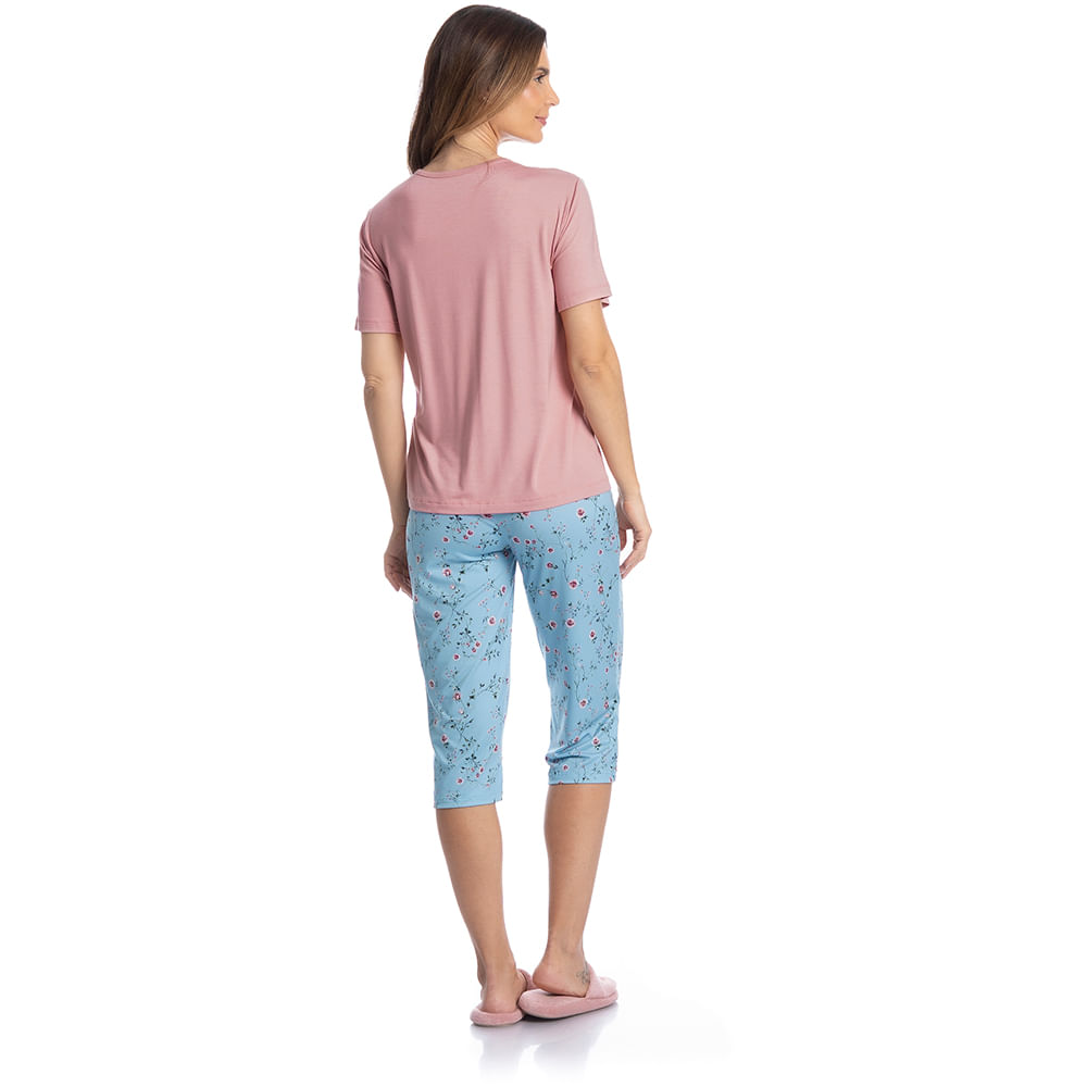 Pijama Feminino Pescador Com Renda Rosa - Imagem 4 - Mobile