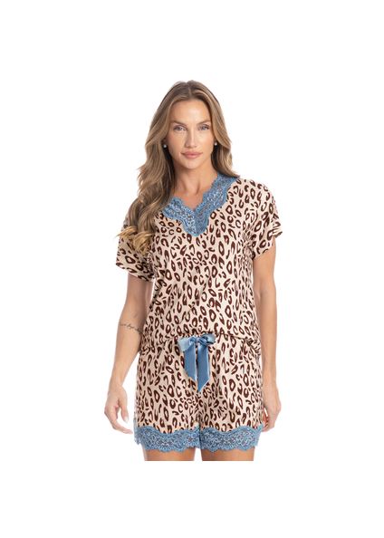 Pijama Feminino Curto Com Renda Felina Bege - Imagem 1
