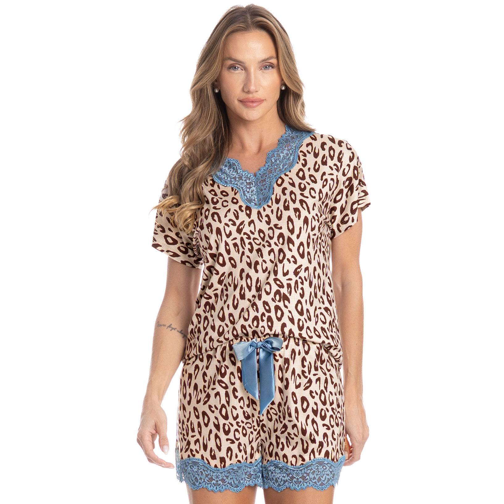 Pijama Feminino Curto Com Renda Felina Bege - Imagem 1