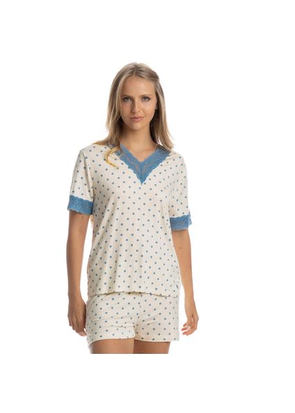 Pijama Feminino Curto Com Renda Maria Azul - Imagem 1