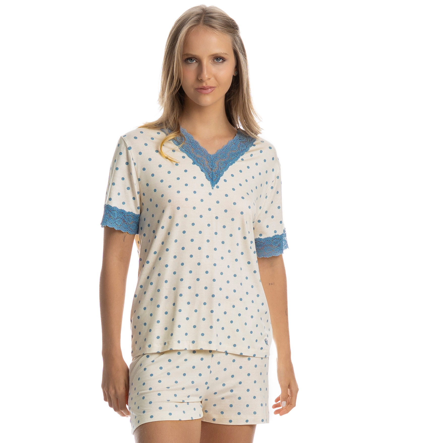 Pijama Feminino Curto Com Renda Maria Azul - Imagem 1