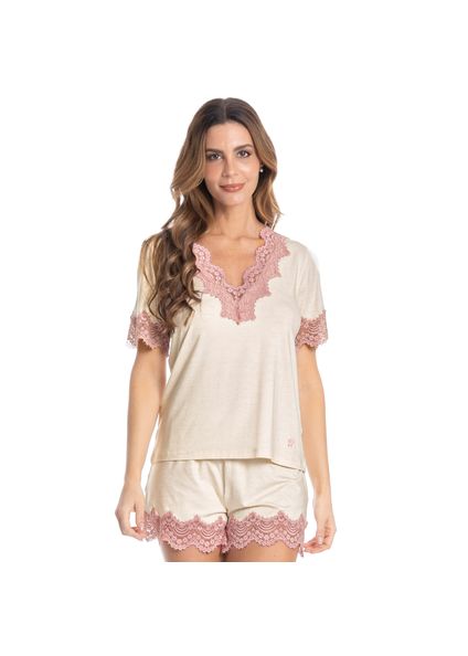 Pijama Curto Com Renda Laura Branco - Imagem 1