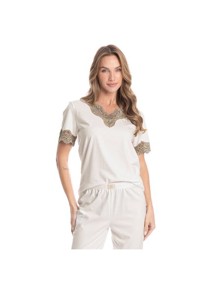 Pijama Feminino Pescador Com Renda Bela Branco - Imagem 1