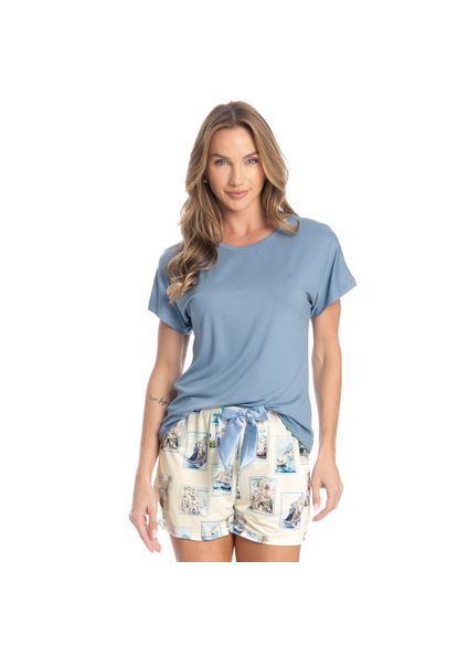Pijama Curto Postais Azul - Imagem 1