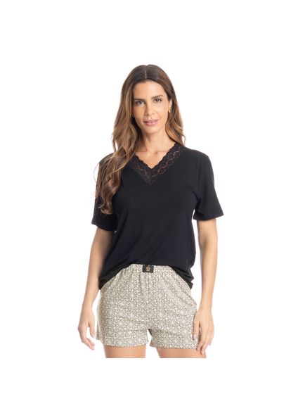 Pijama Curto Com Renda Grécia Preto - Imagem 1