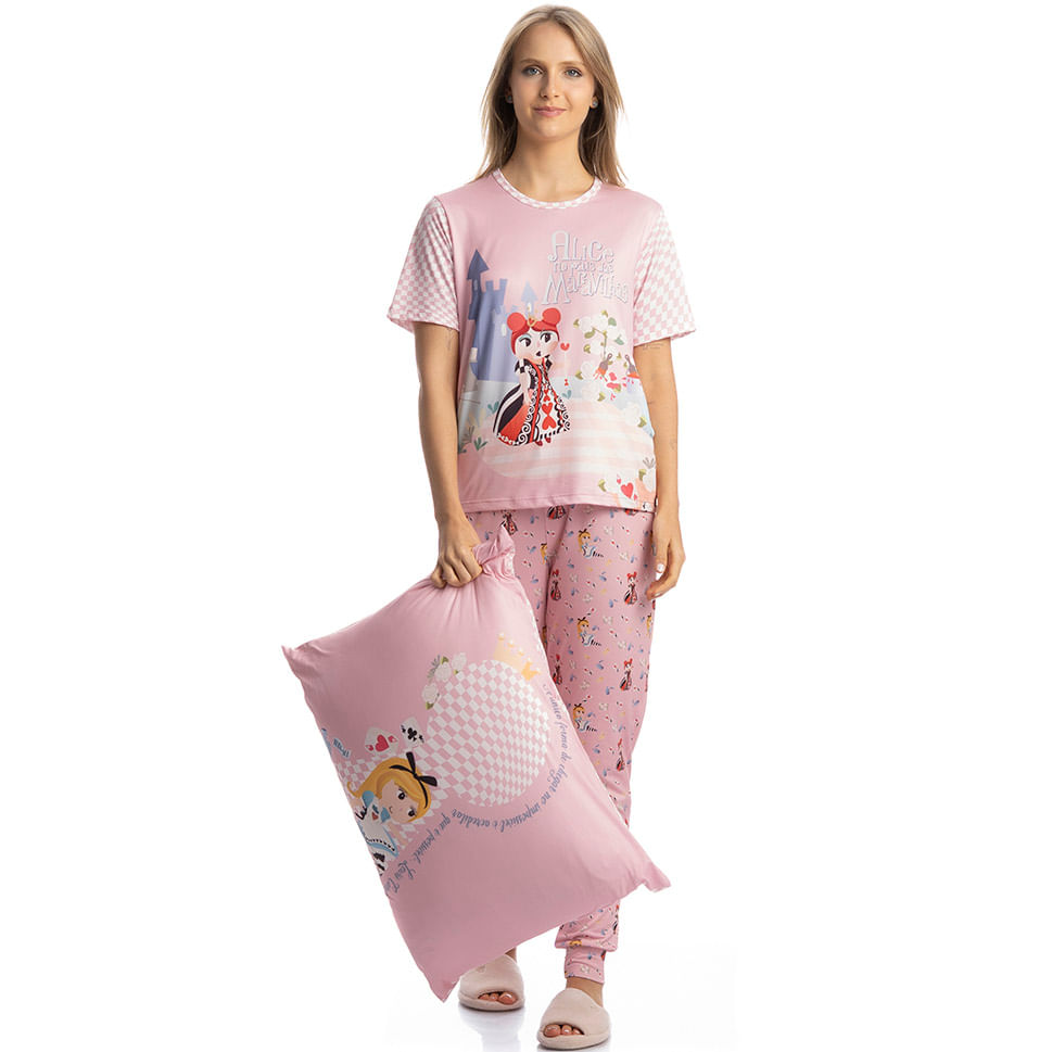 Pijama Feminino Longo Manga Curta Alice - Imagem 3 - Mobile