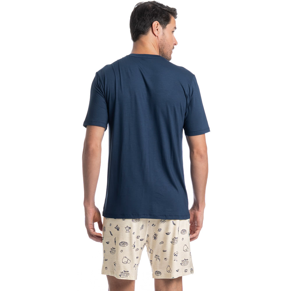 Pijama Masculino Curto Com Bolso Mediterrâneo Tombini Azul-marinho - Imagem 2