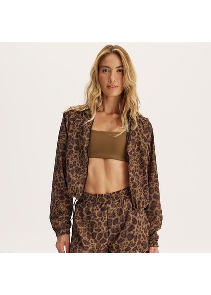 Jaqueta Corta Vento Crop Com Capuz Estampada Wild Vivame Marrom - Imagem 1