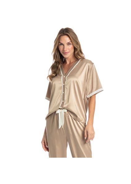 Pijama Feminino Longo Americano Em Cetim Siena Bege - Imagem 1