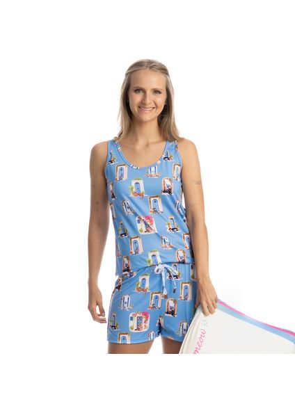 Pijama Feminino Curto Regata Cats Azul-2 - Imagem 1