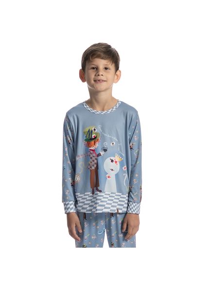 Pijama Infantil Longo Com Punho Chapeleiro Azul - Imagem 1