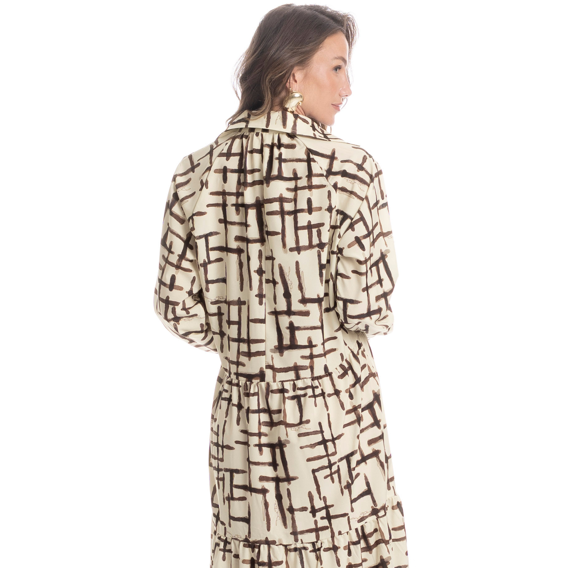 Vestido Com Manga Abotoado Xadrez Branco - Imagem 2