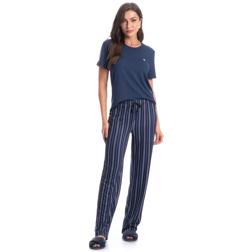 Pijama Feminino Longo Manga Curta Stripes - Imagem 3 - Mobile