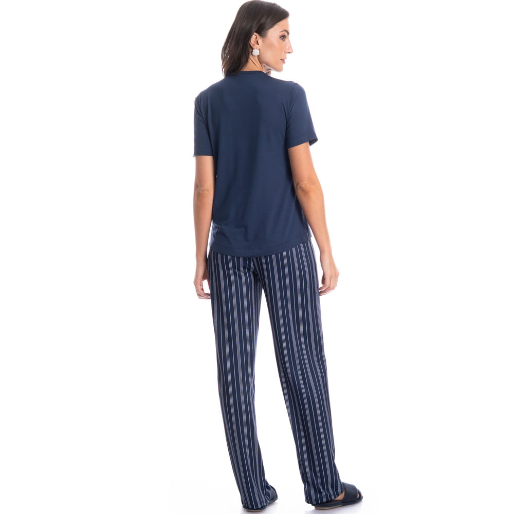Pijama Feminino Longo Manga Curta Stripes - Imagem 4 - Mobile