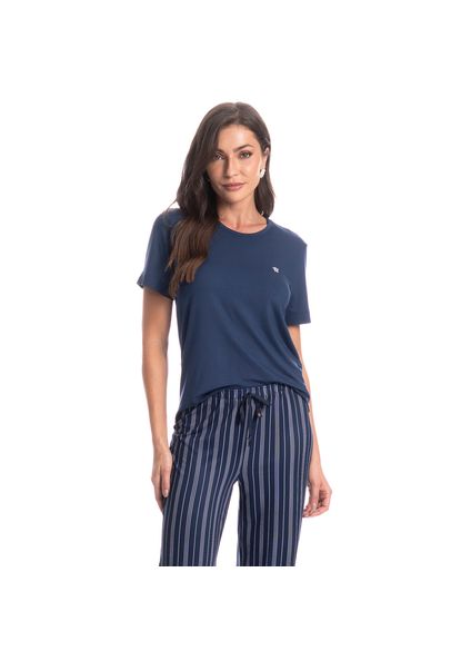 Pijama Feminino Longo Manga Curta Stripes Azul-marinho - Imagem 1