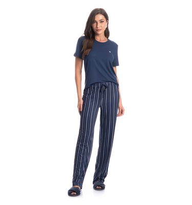 Pijama Feminino Longo Manga Curta Stripes - Imagem 3 - Mobile