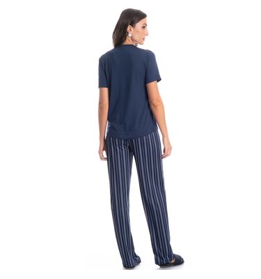 Pijama Feminino Longo Manga Curta Stripes - Imagem 4 - Mobile