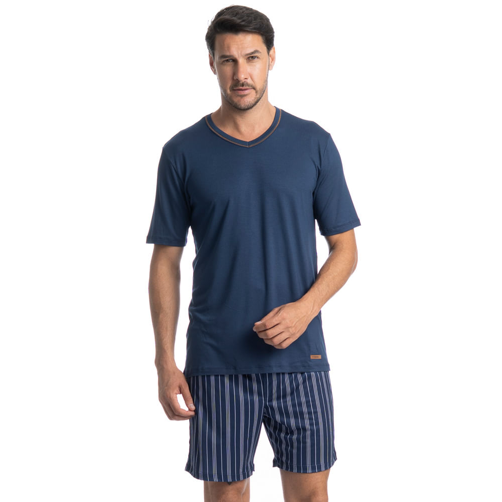 Pijama Masculino Curto Stripes Tombini Azul-marinho - Imagem 1