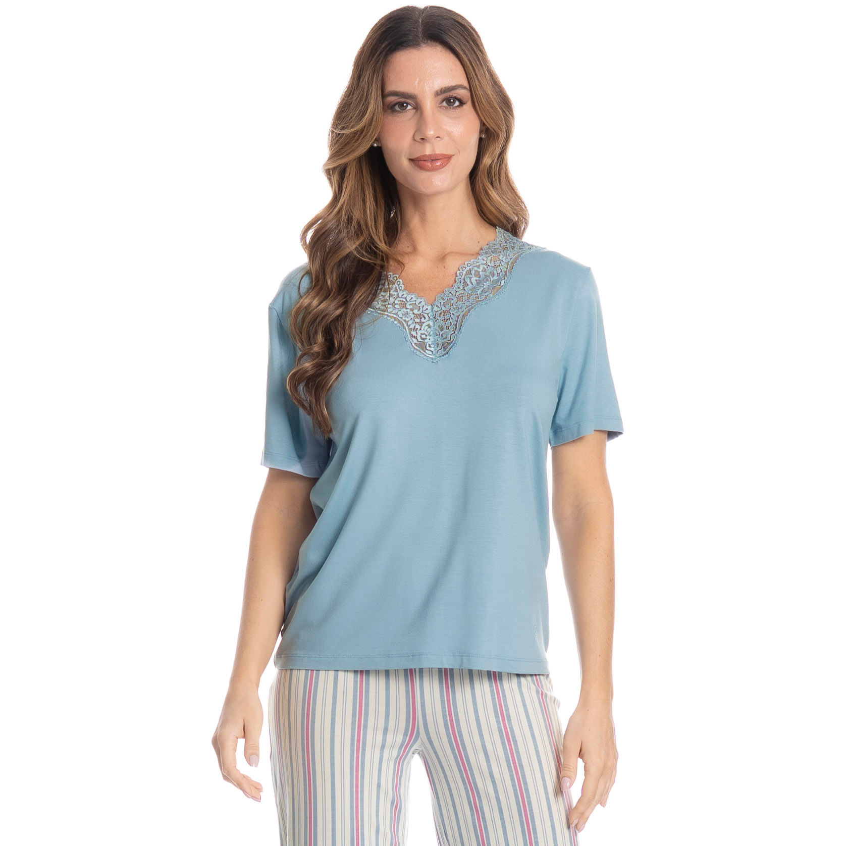 Pijama Feminino Pescador Com Renda Melissa Azul - Imagem 1