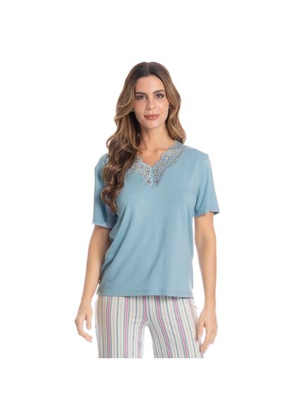 Pijama Feminino Pescador Com Renda Melissa Azul - Imagem 1