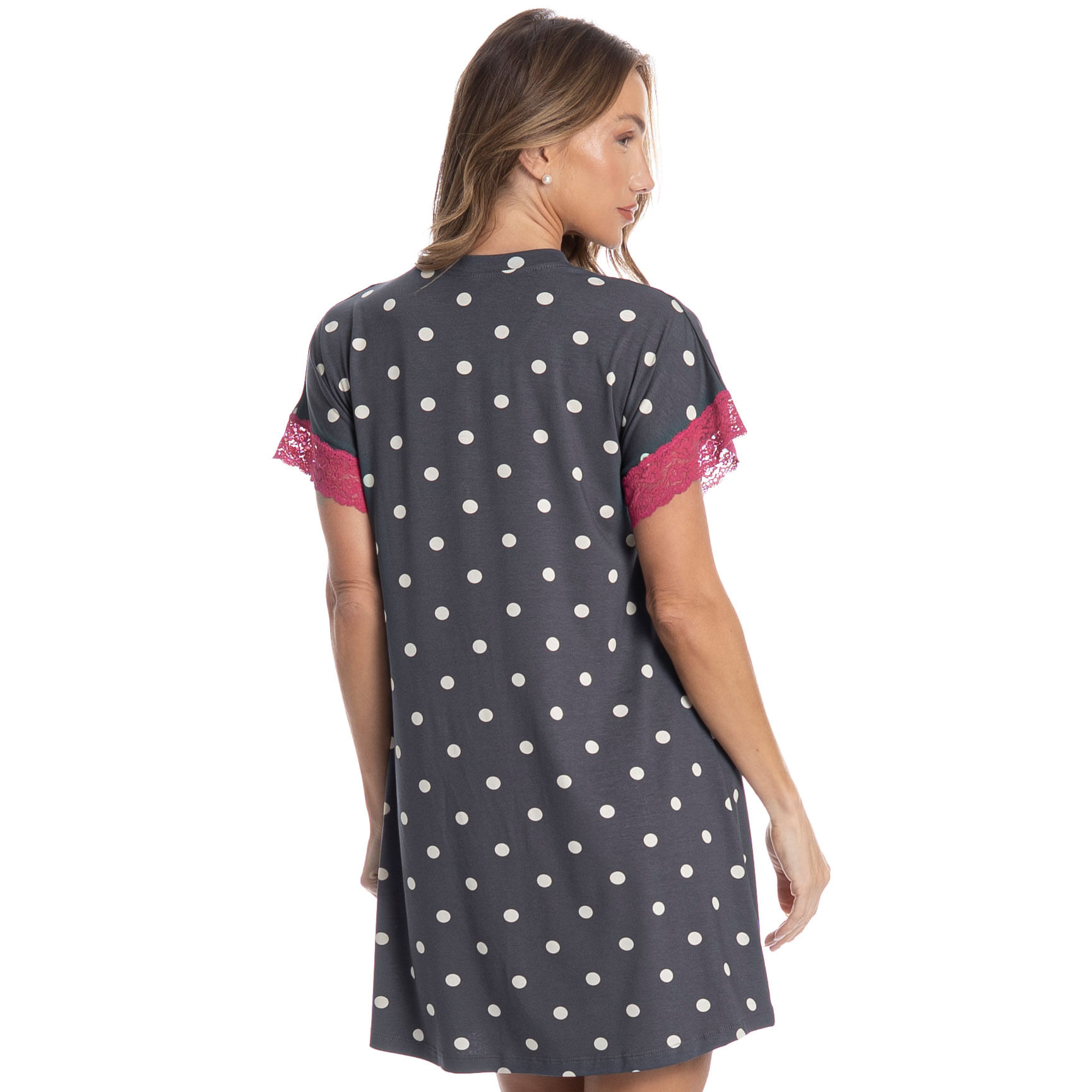 Camisão Curto Abotoado Com Renda Mel Cinza - Imagem 2