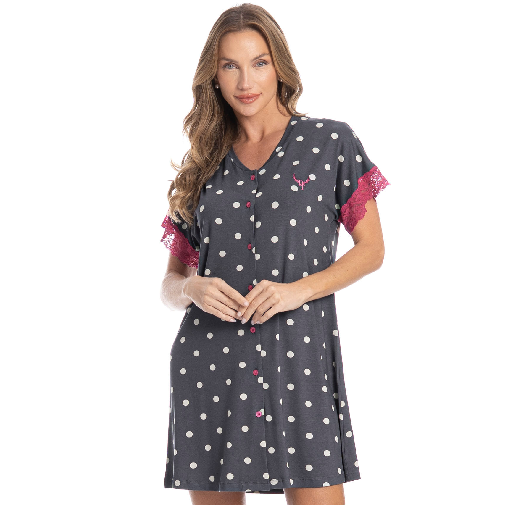 Camisão Curto Abotoado Com Renda Mel - Imagem 1