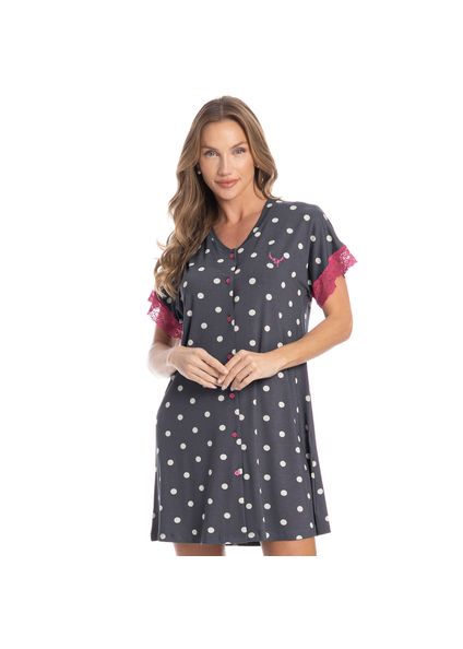 Camisão Curto Abotoado Com Renda Mel Cinza - Imagem 1