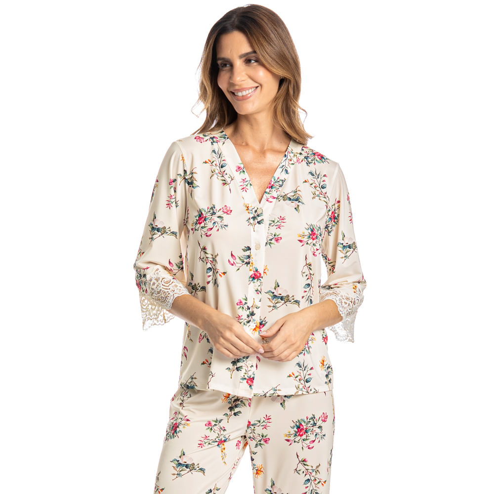 Pijama Feminino Longo Americano Afrodite Branco - Imagem 1