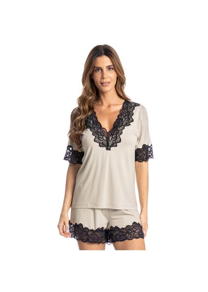 Pijama Feminino Curto Com Renda Maia Bege - Imagem 1