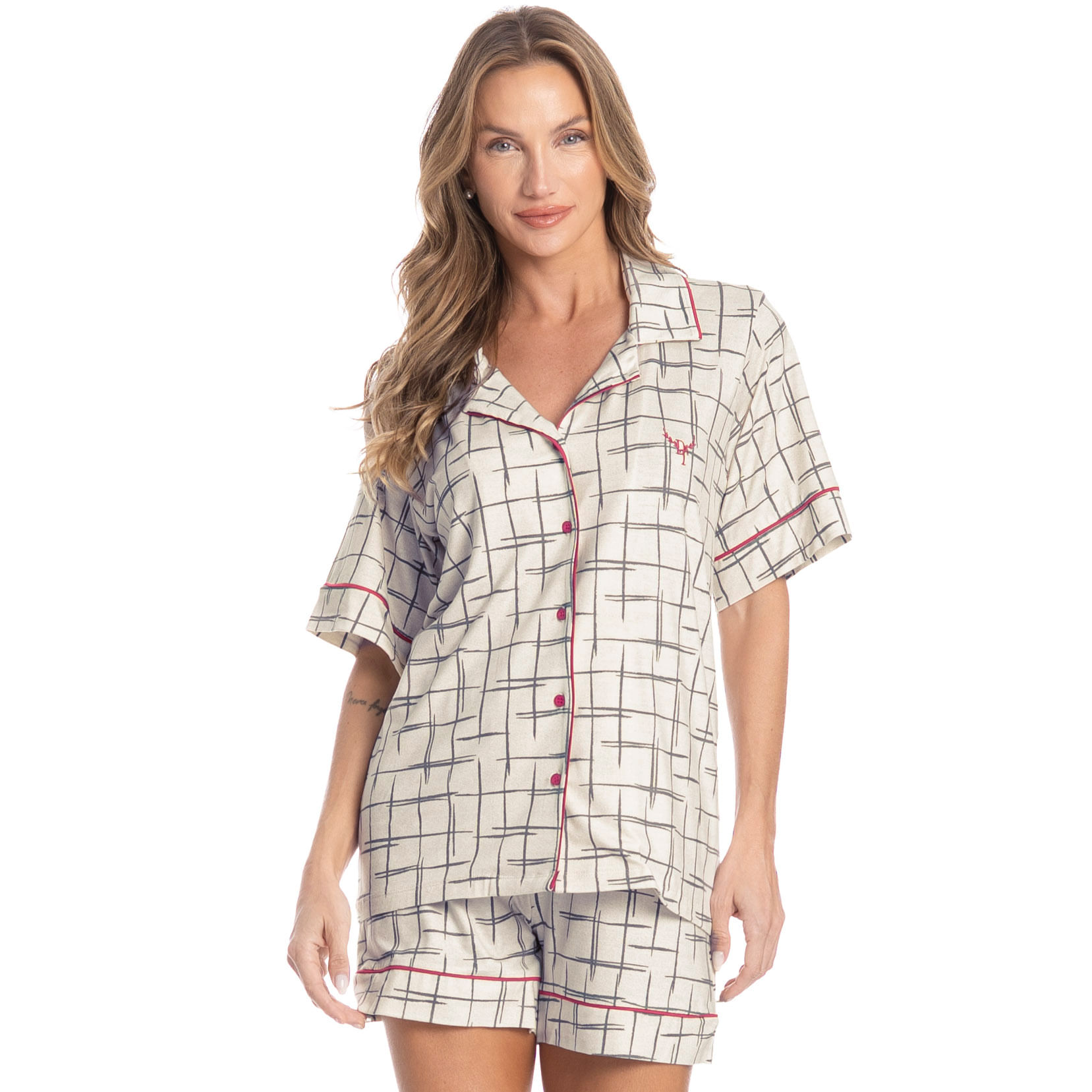 Pijama Feminino Curto Americano Lorena Branco - Imagem 1